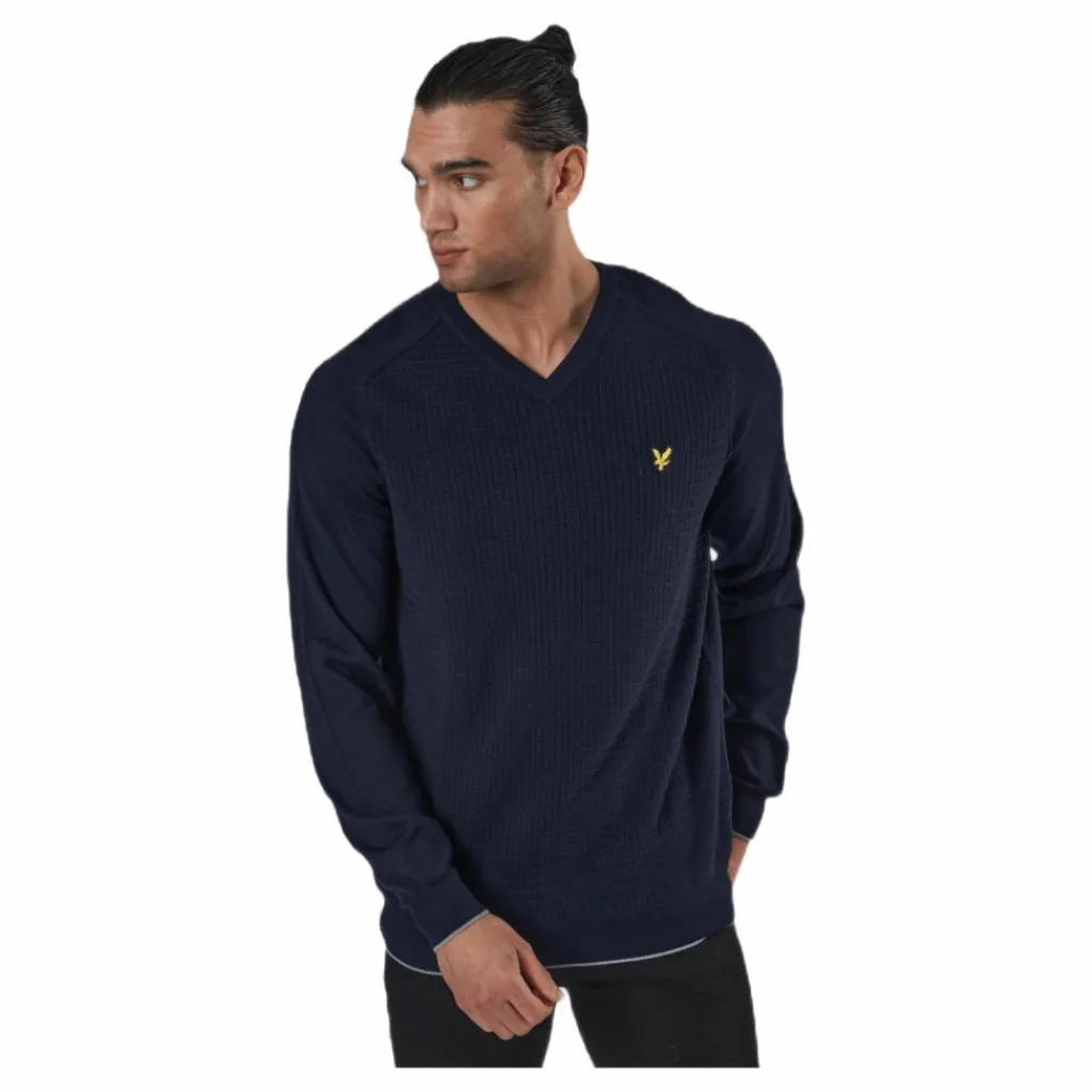 Lyle & Scott Grid Texture V Neck Jumper Blue* Golf|Tröjor