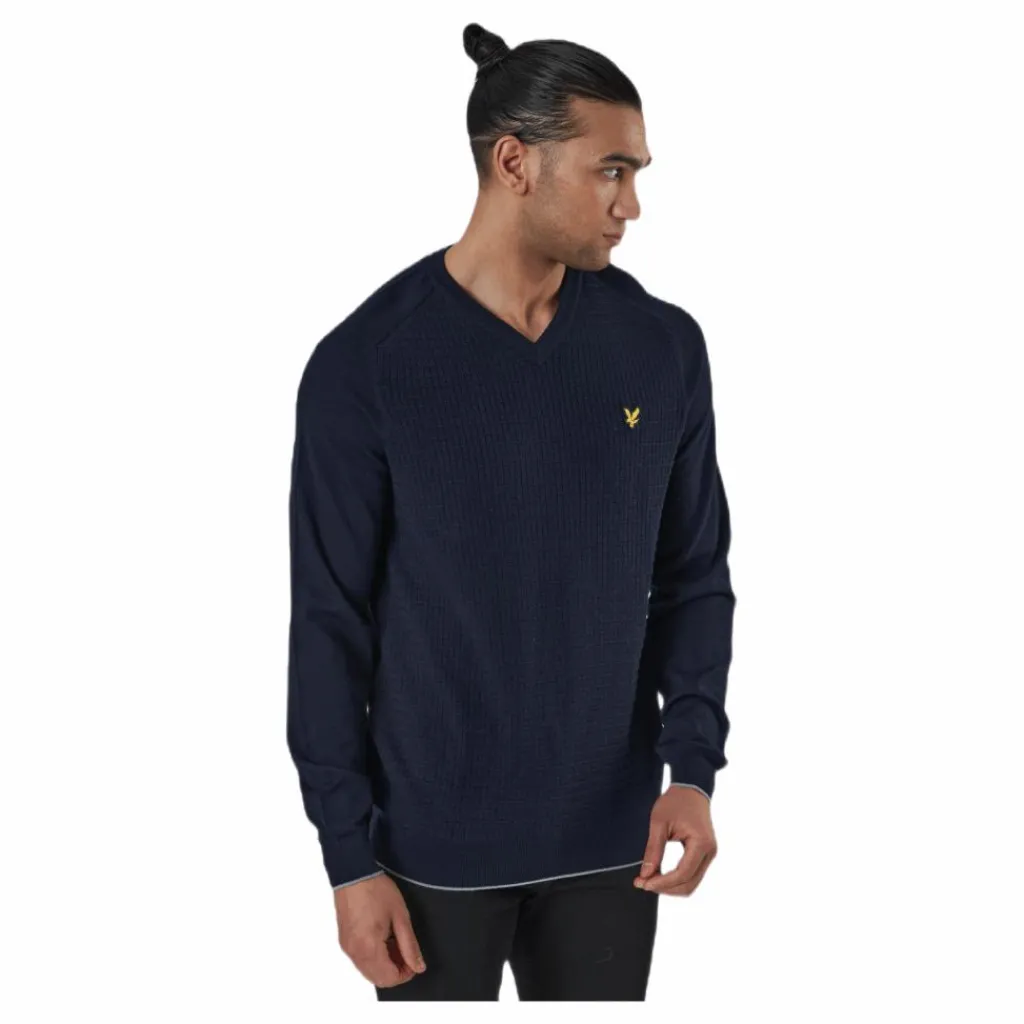 Lyle & Scott Grid Texture V Neck Jumper Blue* Golf|Tröjor